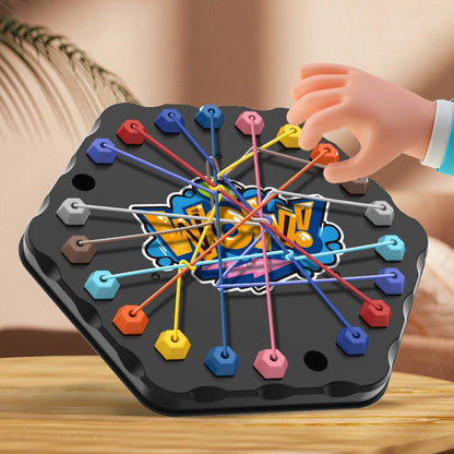 Colorful puzzle game with a hand interacting with it on a wooden surface.
