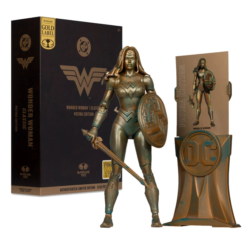 Bronze Wonder Woman figure with packaging and display stand on a white background