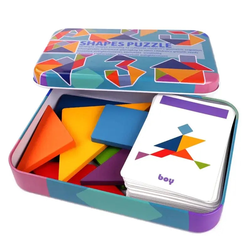Colorful shapes tangram puzzle in a tin box with cards on a white background