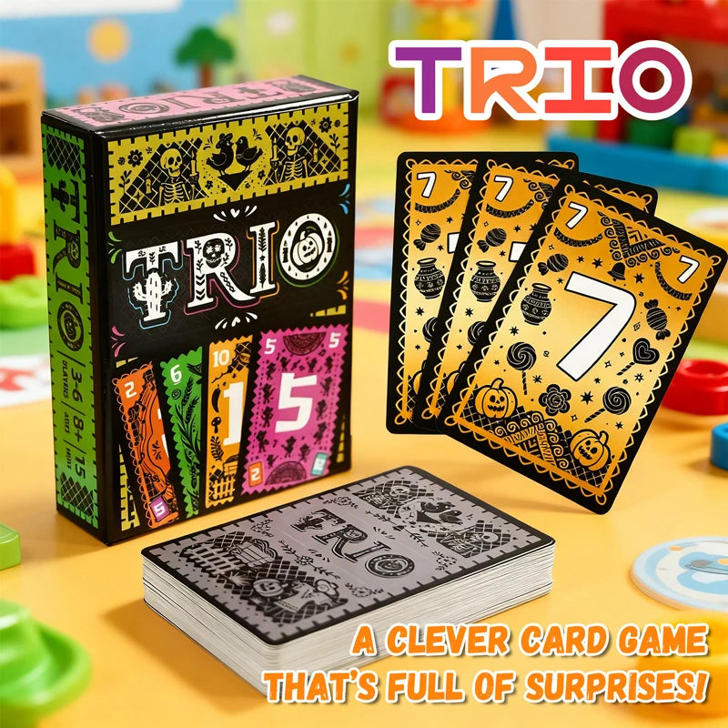 TRIO card game packaging with cards on a colorful background