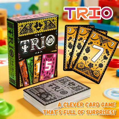 TRIO card game packaging with cards on a colorful background