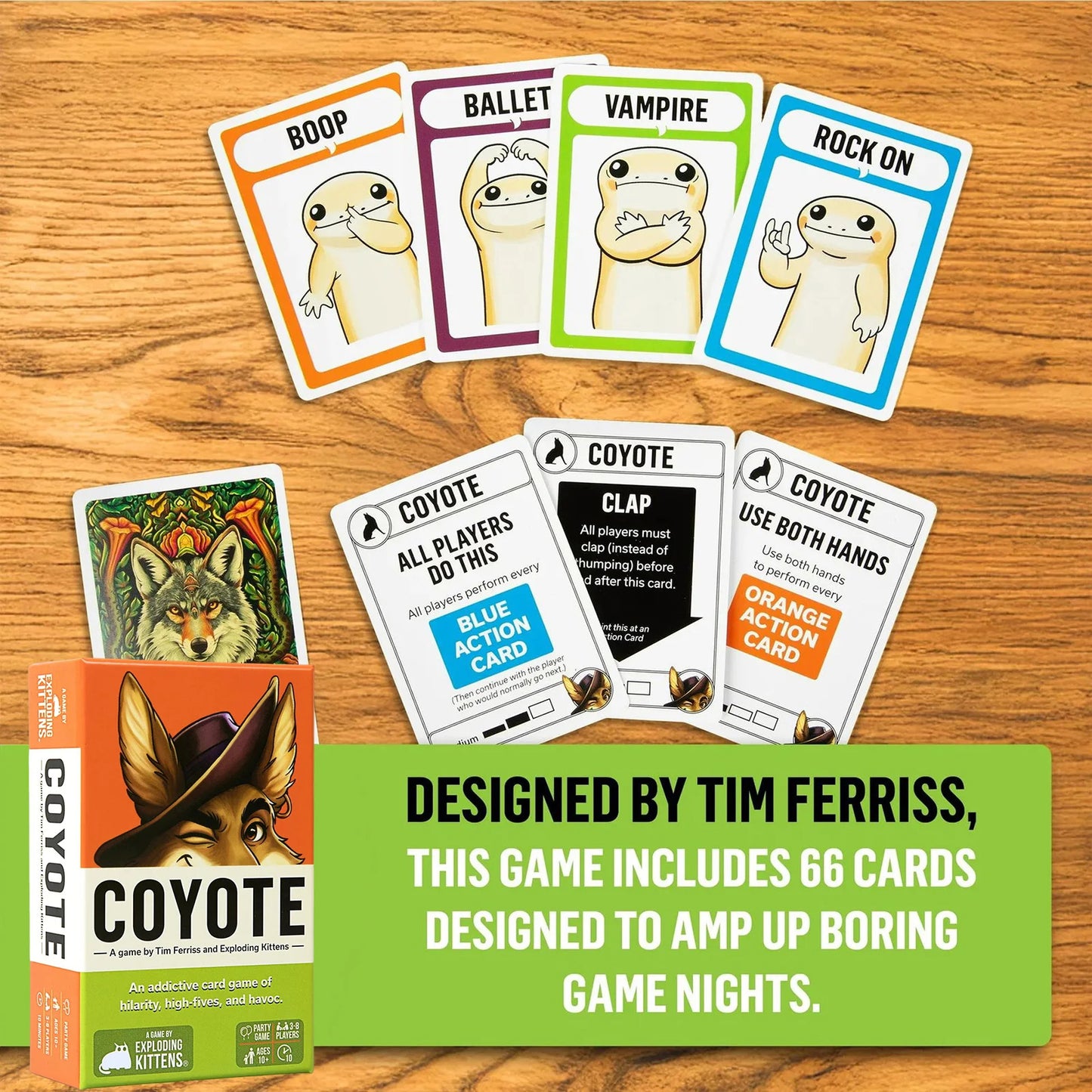 Card game 'Coyote' with cards and packaging on a wooden surface, designed by Tim Ferriss.