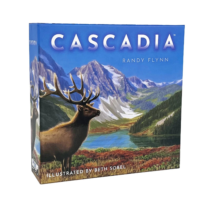 Board game box titled 'Cascadia' with a mountain and elk illustration on the cover.