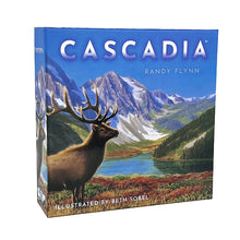 Board game box titled 'Cascadia' with a mountain and elk illustration on the cover.