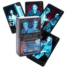 Supernatural themed tarot cards with a box labeled 'Supernatural Join the Hunt Tarot Deck & Guidebook' on a white background.