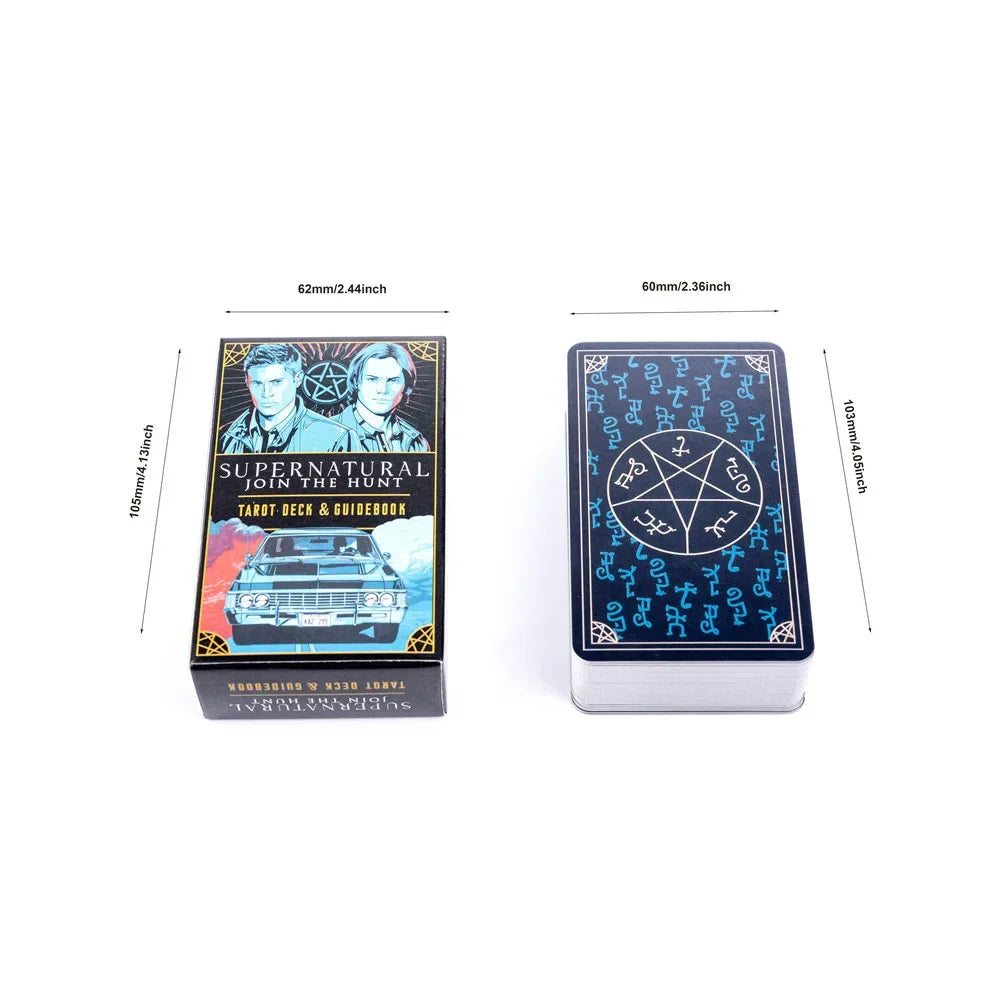 Supernatural-themed tarot deck and guidebook with measurements on a white background