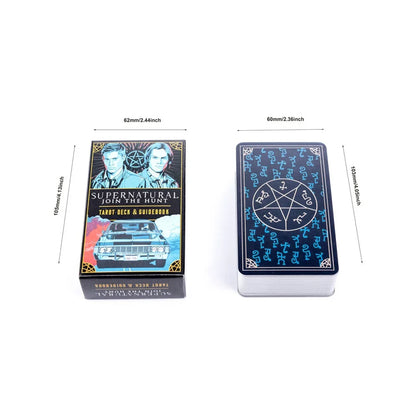 Supernatural-themed tarot deck and guidebook with measurements on a white background