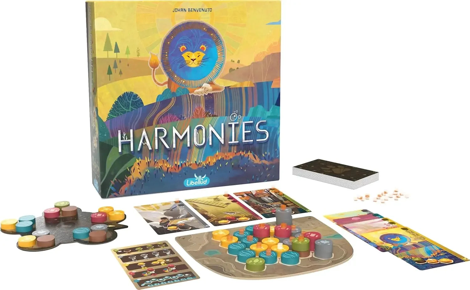 Board game set with 'Harmonies' packaging on a white background
