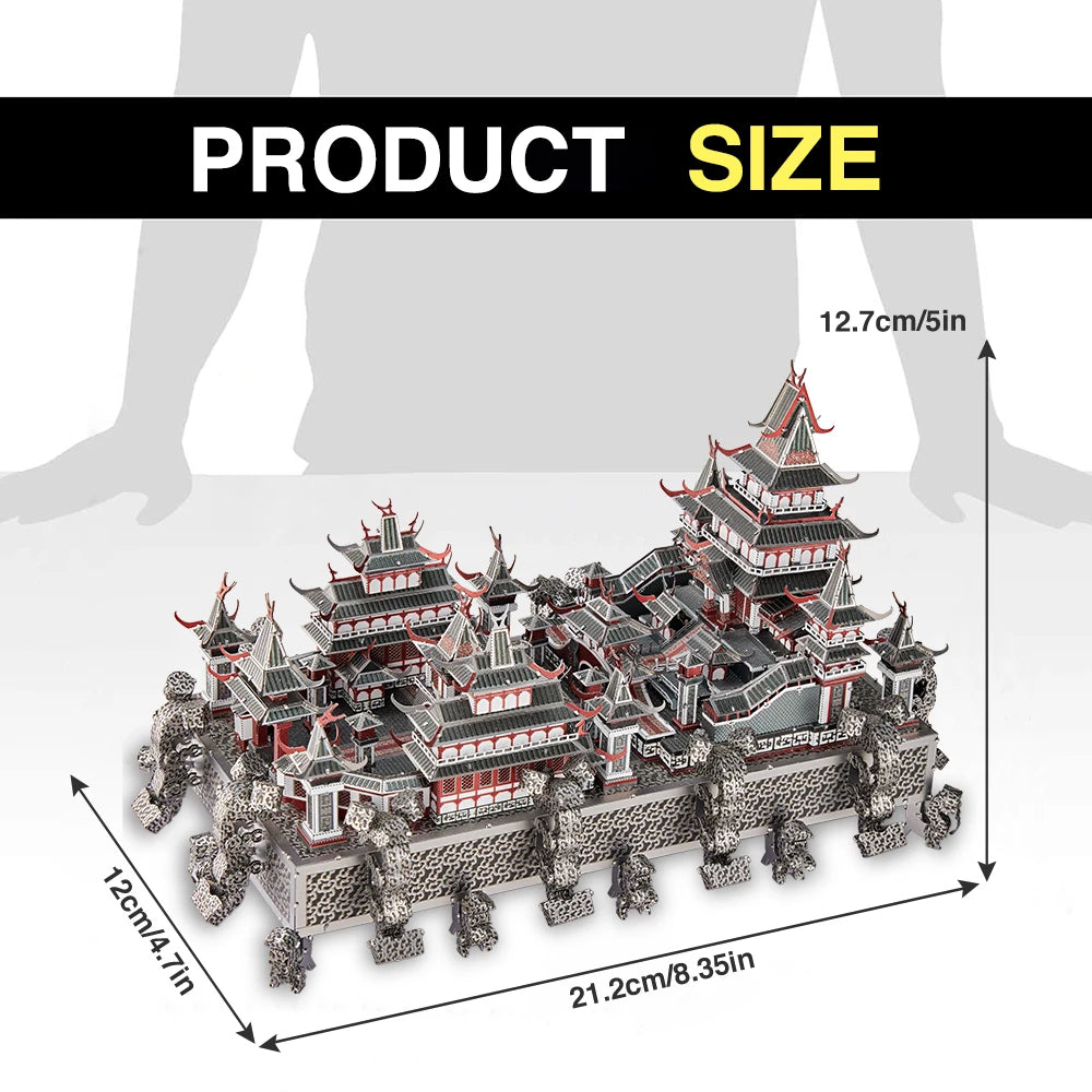 3D puzzle model of a traditional building with measurements on a white background