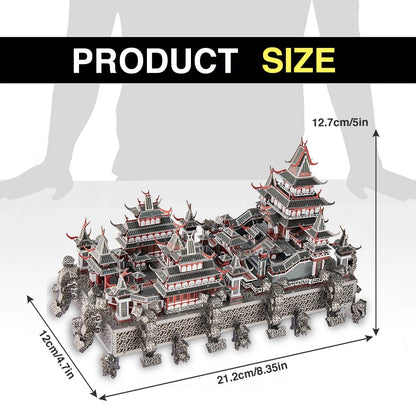 3D puzzle model of a traditional building with measurements on a white background