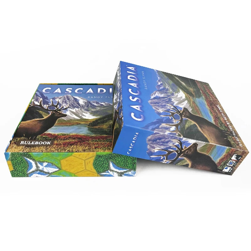 Two boxes of 'Cascadia' with mountain and deer graphics on a white background