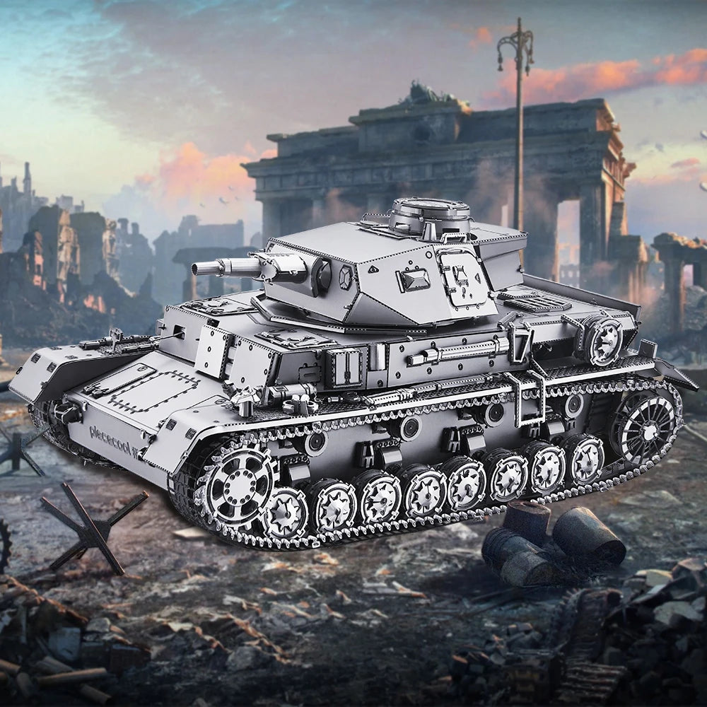 Model tank in a war-torn cityscape with a sunset sky