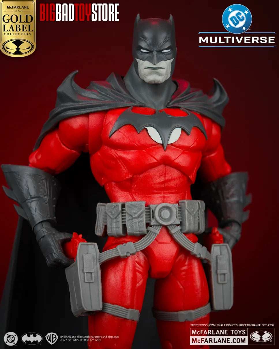 Red and gray superhero figure with cape on a red background, featuring BigBadToyStore and McFarlane Toys logos.