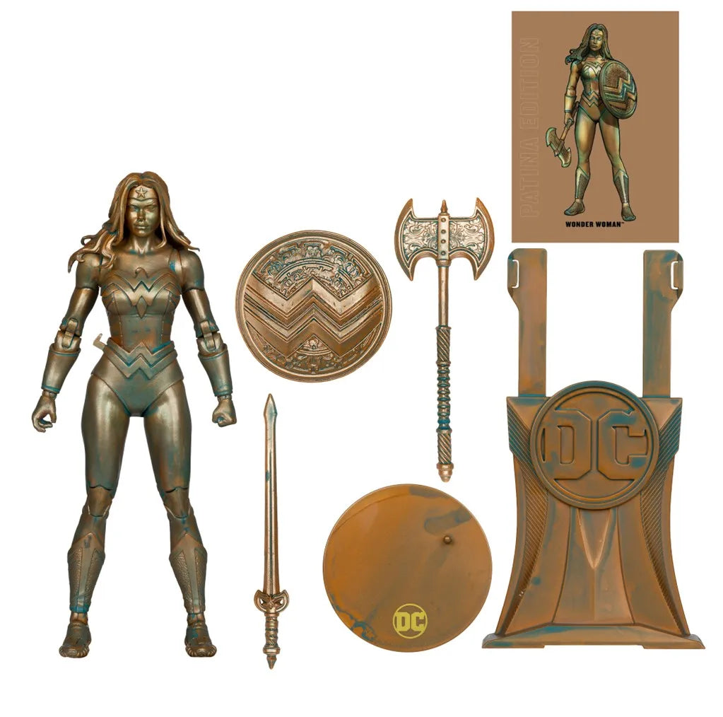 Bronze-colored Wonder Woman action figure with accessories on a white background