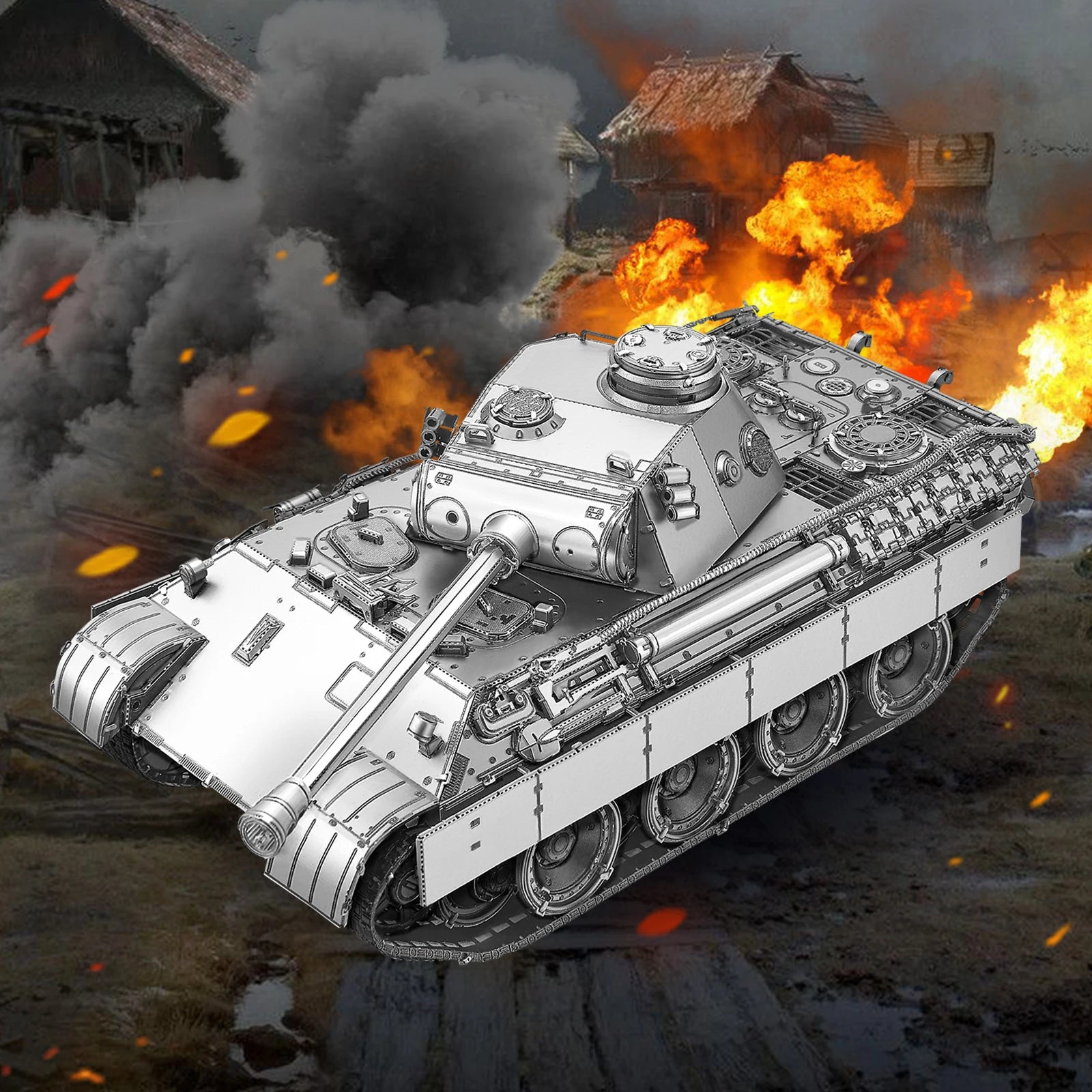 Tank in a war-torn village with burning houses and smoke
