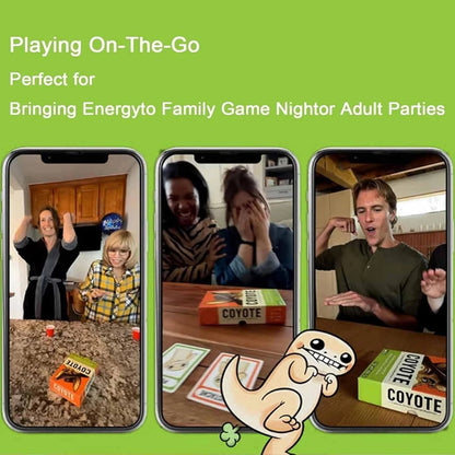 Three smartphone screens showing people playing a game with a Coyote card, set against a green background with text about family game night.