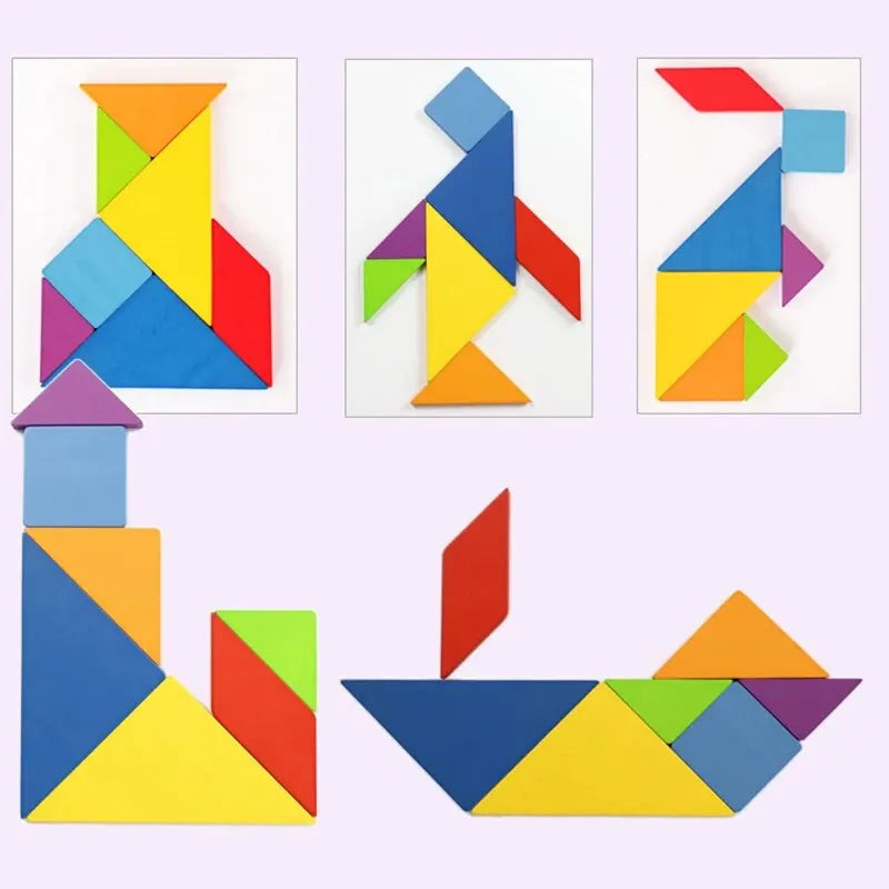 Colorful tangram puzzle pieces arranged to form various shapes on a light purple background.