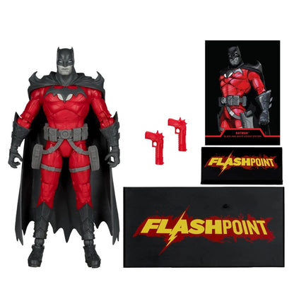 Red and black superhero figure with packaging and accessories on a white background