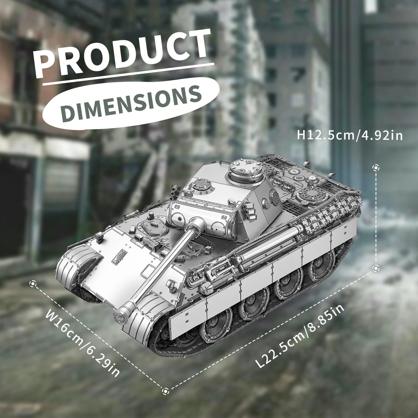 Model tank with dimensions displayed on a blurred cityscape background