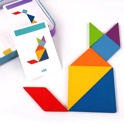 Colorful tangram puzzle pieces on a white background with cards featuring geometric shapes.