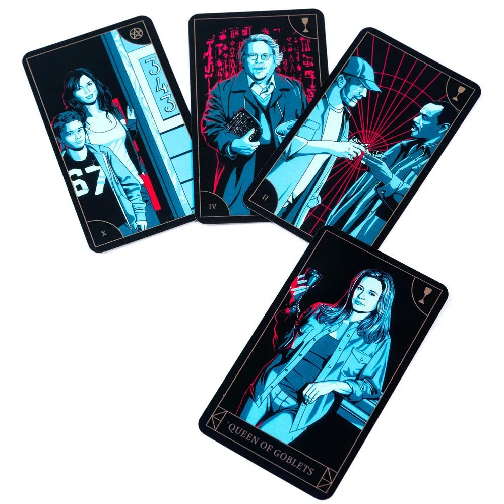 Four tarot cards with stylized illustrations of people on a white background