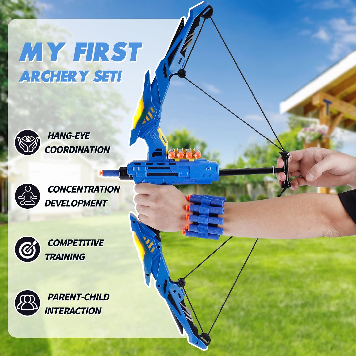 Children's archery set with blue bow and arrows, held by a child, outdoors.