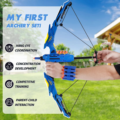 Children's archery set with blue bow and arrows, held by a child, outdoors.