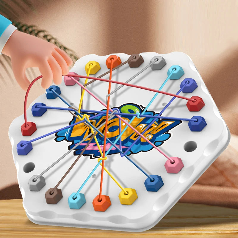 Colorful pegboard game with interlocking pegs on a wooden surface