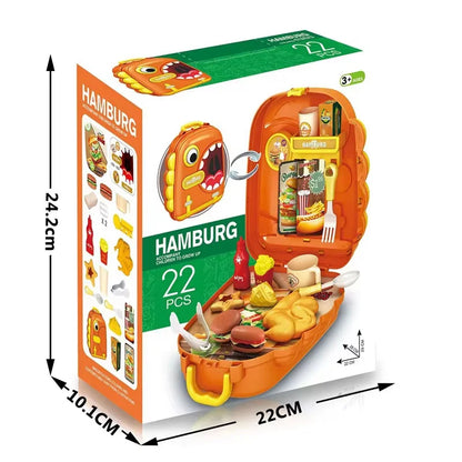 Toy hamburger set with packaging showing dimensions and contents.