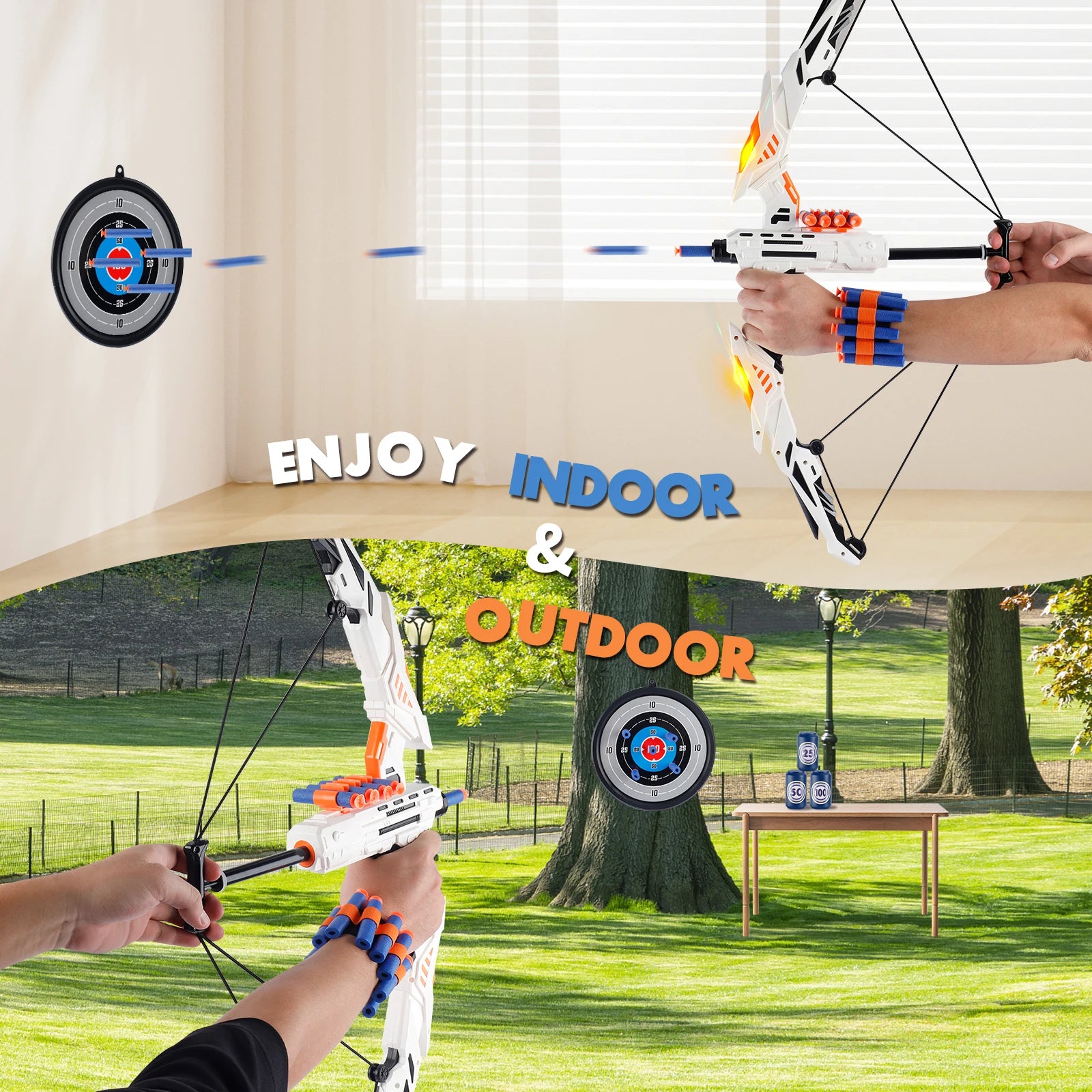 Two people holding archery bows with targets in the background, text 'Enjoy Indoor & Outdoor' displayed.