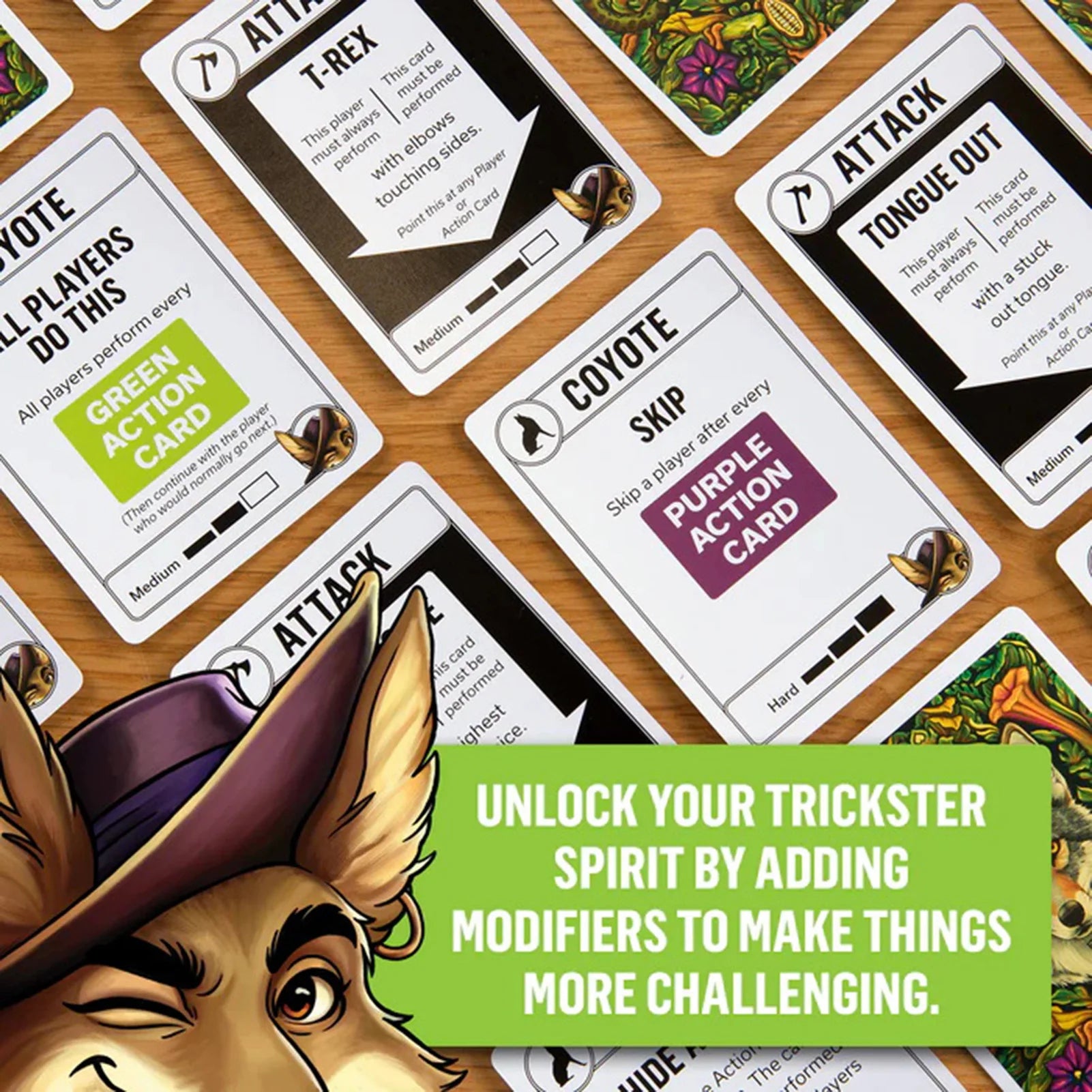 Card game with cards featuring text and illustrations on a wooden surface, with a promotional message about unlocking trickster spirit.
