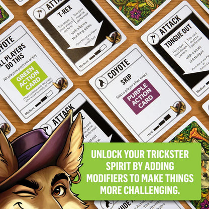 Card game with cards featuring text and illustrations on a wooden surface, with a promotional message about unlocking trickster spirit.