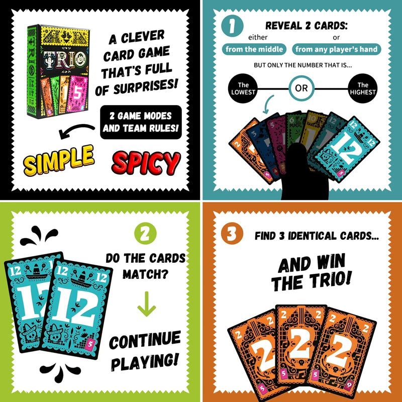 Card game packaging with colorful cards and text describing the game rules.