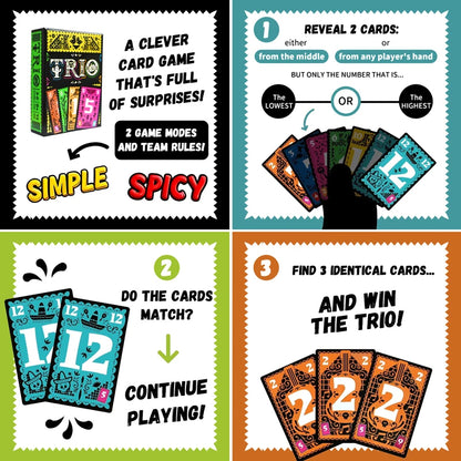Card game packaging with colorful cards and text describing the game rules.