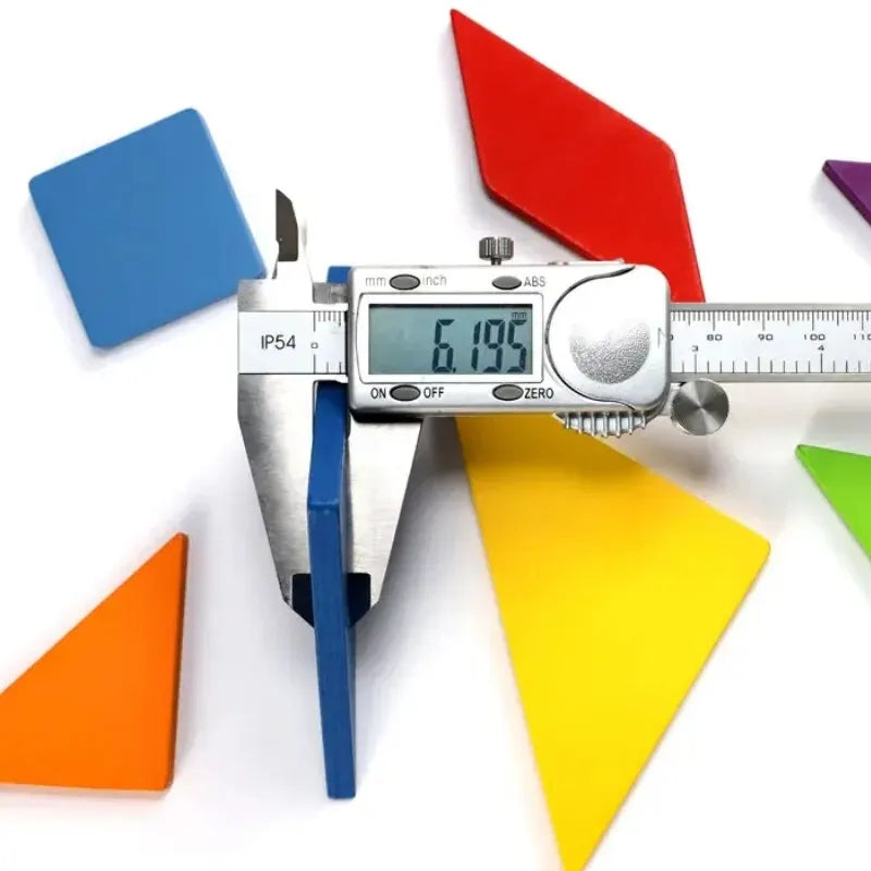 Digital caliper measuring colorful geometric shapes on a white background