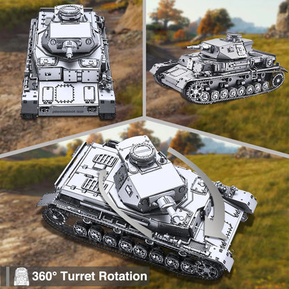Metal model tank with 360-degree turret rotation feature on a landscape background