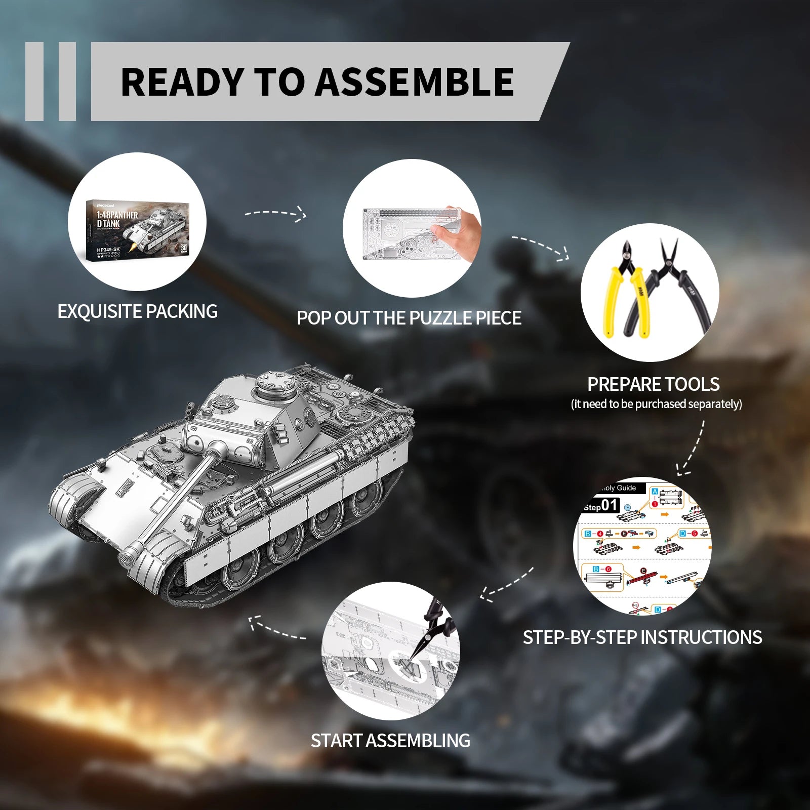Model tank kit with assembly instructions on a dark background