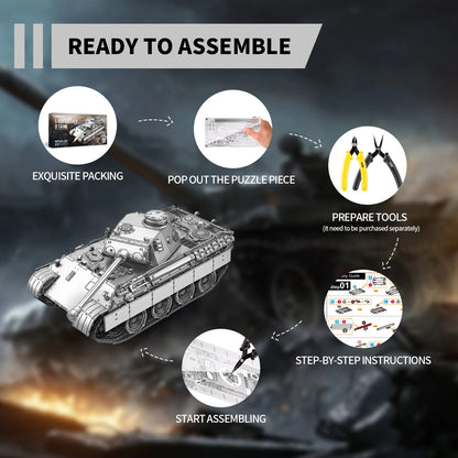 Model tank kit with assembly instructions on a dark background
