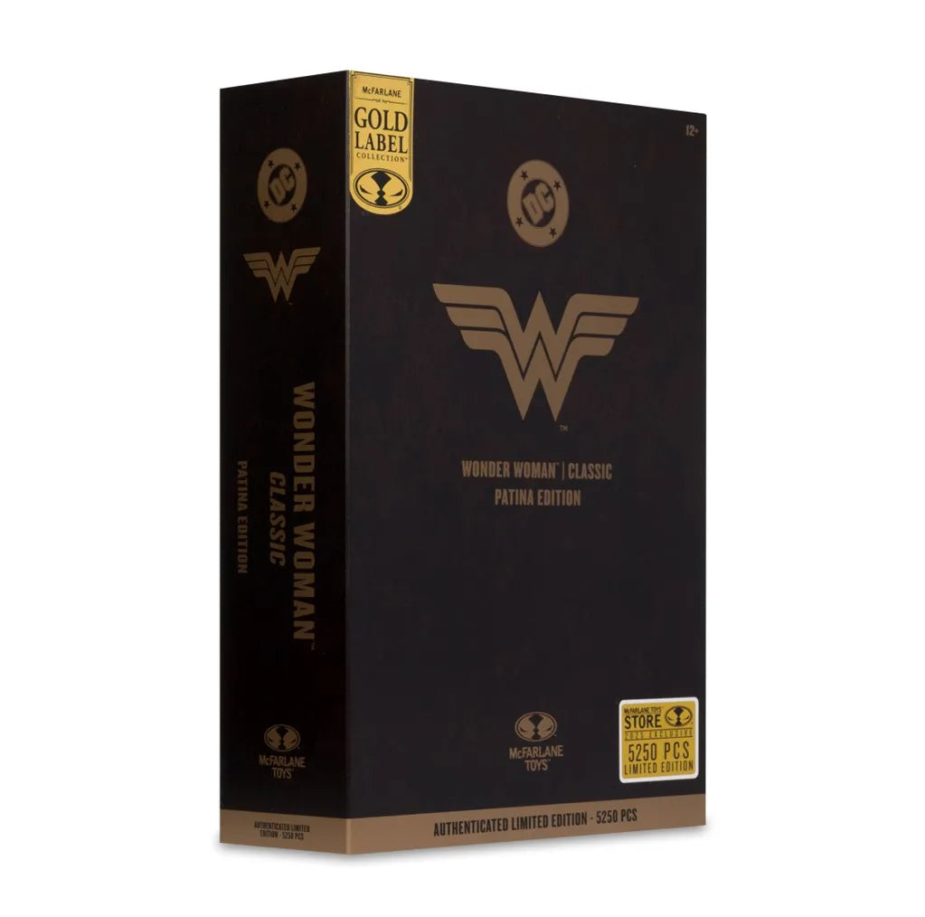 Black packaging box with Wonder Woman logo and gold accents on a white background
