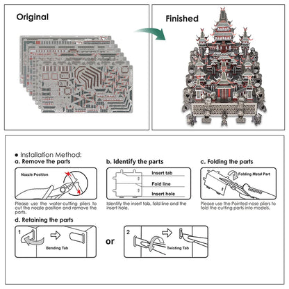 Step-by-step guide for assembling a detailed model from parts, showing the process from 'Original' to 'Finished'.