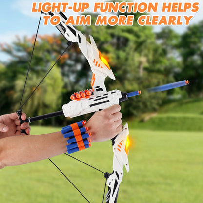 Toy bow and arrow set with light-up function held by a person outdoors.