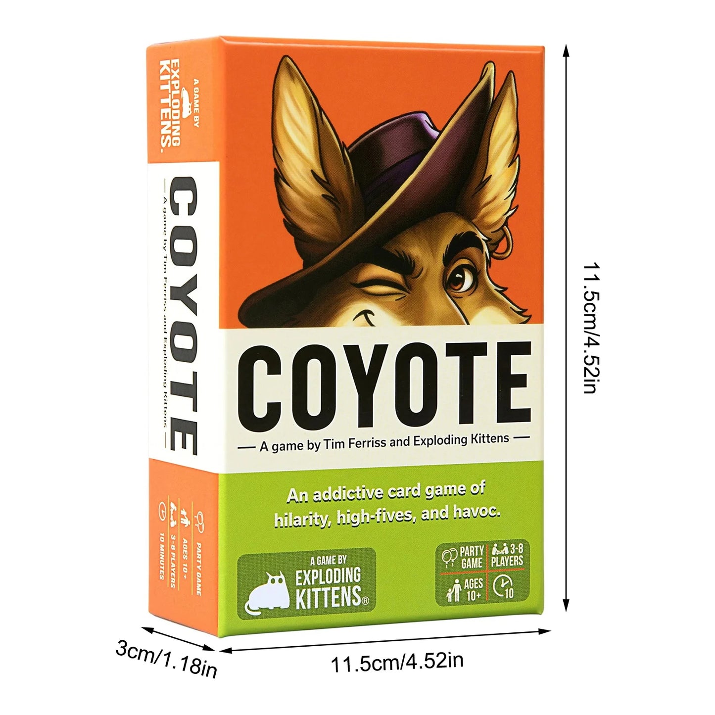 Box of 'Coyote' game by Exploding Kittens with dimensions indicated.