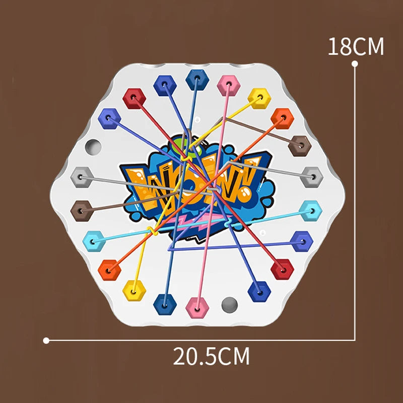 Hexagonal puzzle with colorful sticks and 'Wow!' text on a brown background