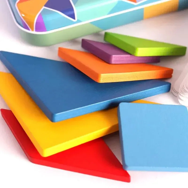 Colorful geometric foam blocks on a white surface