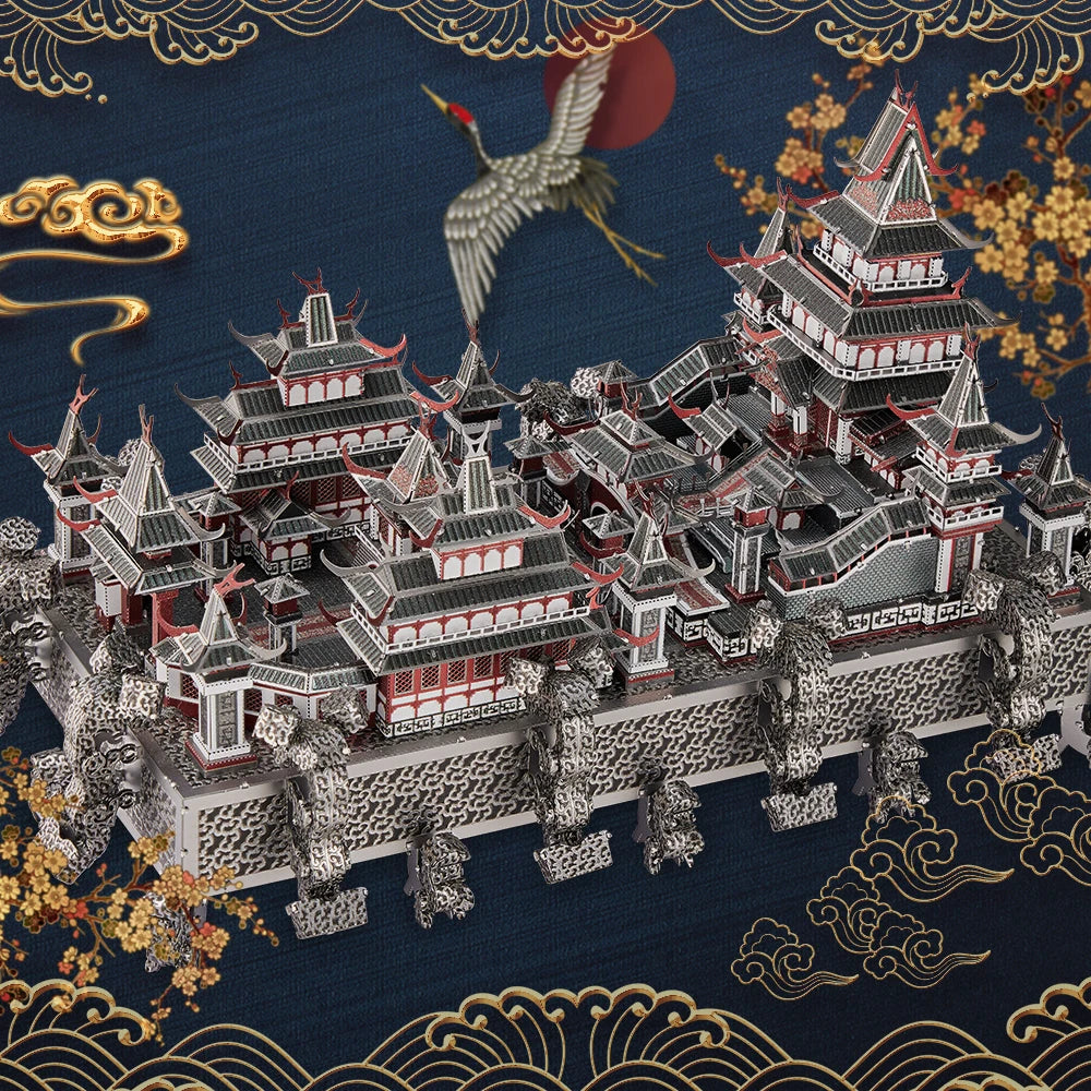 Traditional Japanese temple model with crane on a decorative background