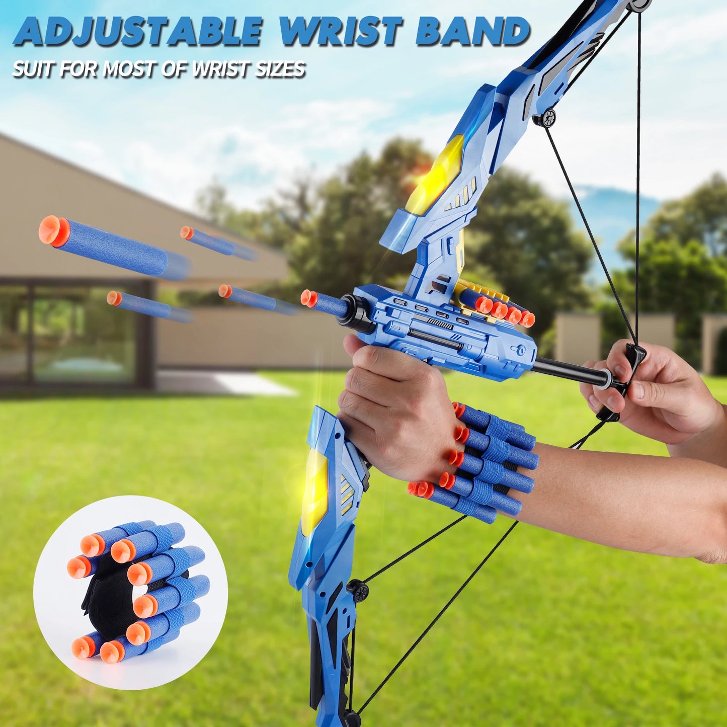 Blue archery bow with orange nocks held by a person outdoors.