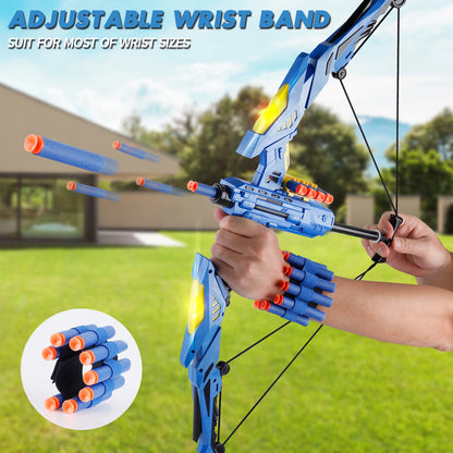 Blue archery bow with orange nocks held by a person outdoors.