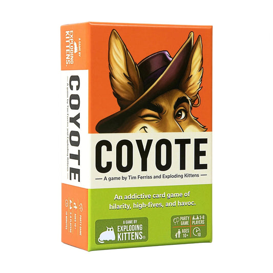 Box of 'Coyote' card game by Exploding Kittens with cartoon coyote design.