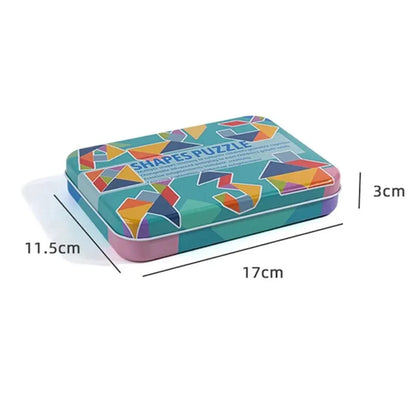 Colorful shapes puzzle tin with dimensions on a white background