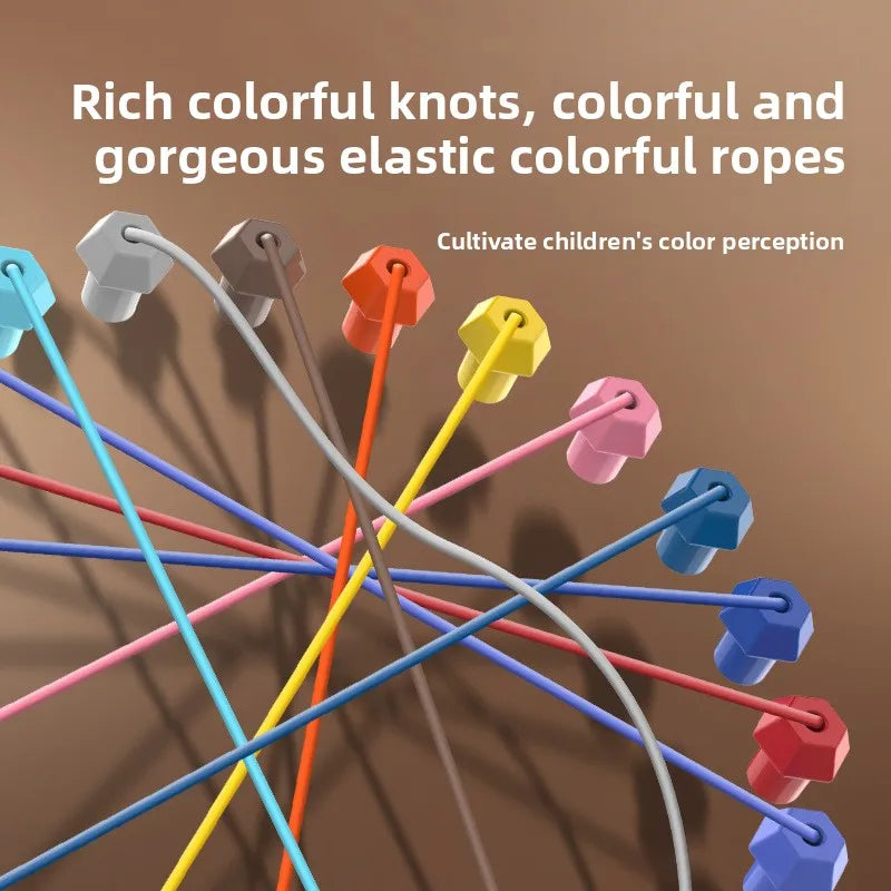 Colorful elastic ropes with knots on a brown background